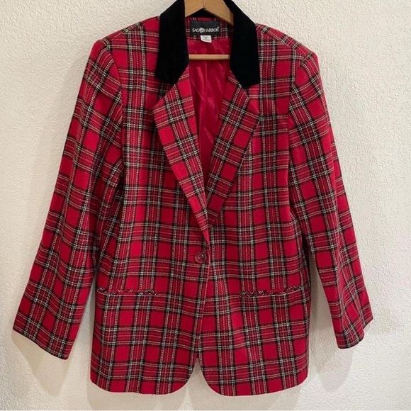 Vintage Tartan Plaid Blazer Women's Holiday Academia Preppy Sag Harbor Red Wool - Picture 1 of 6